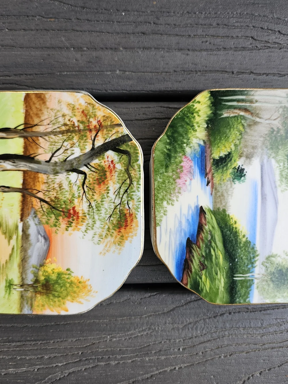 2 Vintage 1960s Kasuga Ware Japanese Hand-Painted Octagonal Wall Pocket Vases